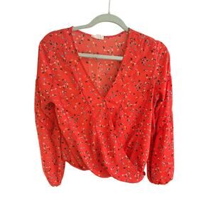 Sienna Sky Floral Wrap Crop Top Medium Red Orange Long Sleeve Blouse